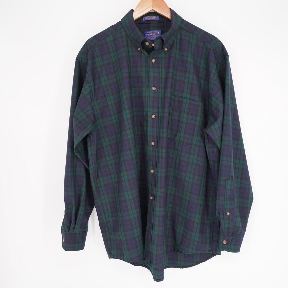 Vintage Pendleton Wool Button Down Shirt Mens L Black Watch Tartan Plaid 80s - Picture 10 of 11